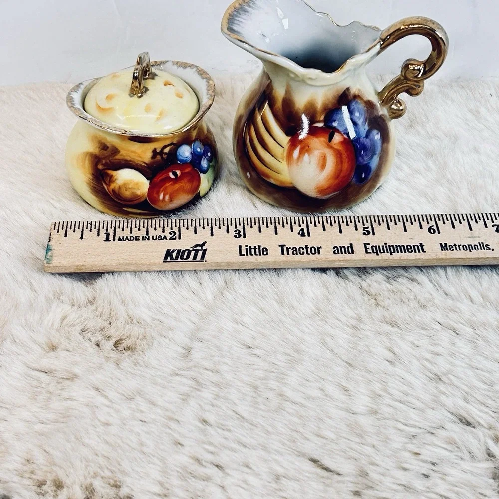 Vintage Enesco Porcelain Mini Sugar Creamer Set Fruit Colorful‎ Gold Accent